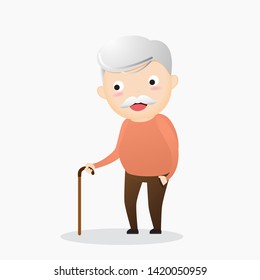 Old man with a cane. An elderly man suffering from back pain. Senior man sick. Vector, illustration.