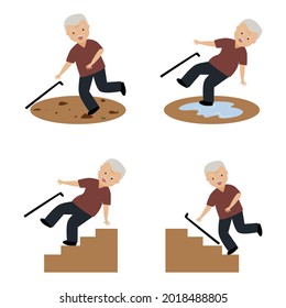 Old Man With Cane Falling Down On The Floor And Stairs. Cartoon Character.Vector Illustration.fall Prevention Concept.