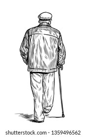 An old man with a cane goes down the street
