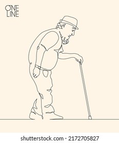 Old man with cane. Grandfather linear silhouette. One continuous line