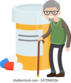 Old man with a cane. Grandfather and tablets. Medical care. Cartoon flat illustration. Pill and drug is packaged for senior. Treating illness