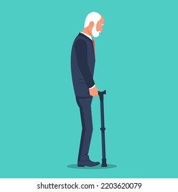 Old man with a cane. A gray-haired businessman stands with a walking cane. Vector illustration flat design. Isolated on white background.