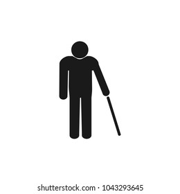 Old man with a cane. Grey on white background. Flat design. Vector illustration.
