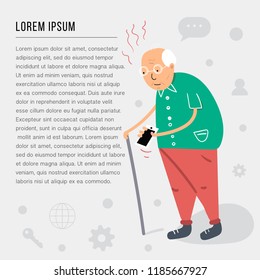 An old man with a cane holding a phone in his hands and trying to take a call. Flat style vector illustration isolated on white background.