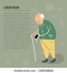 An old man with a cane holding a phone in his hands and trying to take a call. Flat style vector illustration.