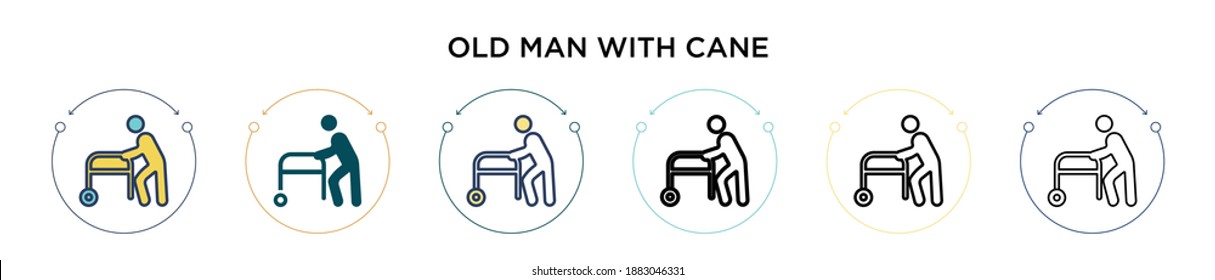Old man with cane icon in filled, thin line, outline and stroke style. Vector illustration of two colored and black old man with cane vector icons designs can be used for mobile, ui, web