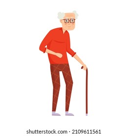 Old man with a cane isolated on white background. Vector illustration.