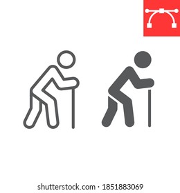 Old man with cane line and glyph icon, disability and pensioner, old man with walking stick sign vector graphics, editable stroke linear icon, eps 10