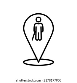 Old Man With Cane Line And Glyph Icon, Disability And Pensioner, Old Man With Walking Stick Sign Vector Graphics. Map Pin, Location Icon. Pointer Map