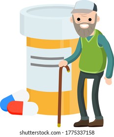 Old man with cane. Medical care. Cartoon flat illustration. Pill and drug is packaged for senior. Treating illness. Grandfather and tablets