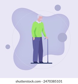 Old man with cane. Senior man with gray hair and moustache flat vector illustration. Generation, age, retirement concept for banner, website design or landing web page