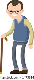 Old man with a cane. Senior in standing position. Cartoon flat illustration. Happy grandfather.