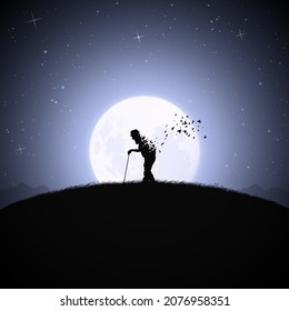 Old man with cane. Seniors silhouette. Death and afterlife. Full moon