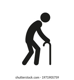 Old man with a cane, simple black silhouette icon isolated on white