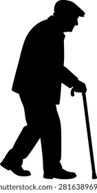 Old man, cane, walking, age, contemplation, slow pace.