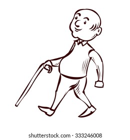 Old man with the cane is walking. Hand drawn cartoon vector illustration.