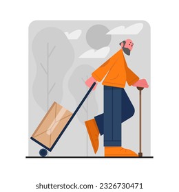 Un anciano con bastón camina por la calle y transporta un carro con un paquete, volviendo a casa. Los mayores pasan tiempo al aire libre. Feliz vejez. Ilustración vectorial plana en estilo de dibujos animados