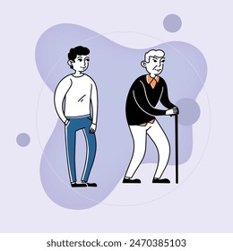 Old man with cane and young man. Father and son flat vector illustration. Family, age,  generation concept for banner, website design or landing web page