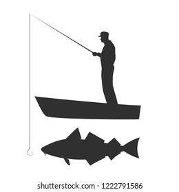 Old man in cap catching big cod with fishing rod on boat. Vector black silhouette image.