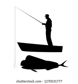 Old man in cap catching big coryphaena (mahi mahi) with fishing rod on boat. Vector black silhouette image.