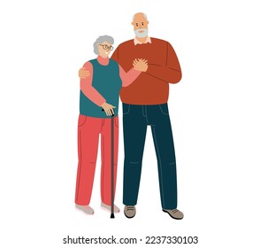 Old man carefully supports his wife with cane. Elderly couple stands together. Flat cartoon vector illustration isolated on white background