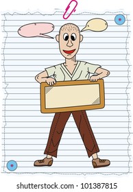 old man carried the board and bubble speech with on paper