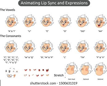 Old Man Cartoon Character Mascot Illustration for Animating Lip Sync and Expressions, Vector Illustration, in Isolated White Background.