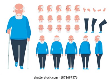 Constructor de caracteres de hombre antiguo, conjunto de creación. Diferentes posturas de abuelo, peinado, cara, piernas, manos, ropa, accesorios. Ilustración de dibujos animados Vista posterior lateral delantera