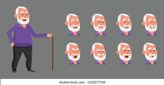 Old man character with different emotions and expressions.