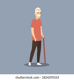 Carácter anciano. Un anciano con gafas y bastón para caminar. Ilustración vectorial viejo, diseño plano para el hombre mayor. aislado.