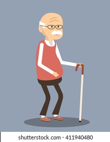 Old man character. An elderly man with glasses and walking cane. Vector illustration old man. Senior man flat design. Old man isolated.