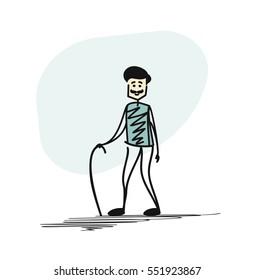 Old man character. An elderly man walking cane. Cartoon Hand Drawn Sketch Vector Background.