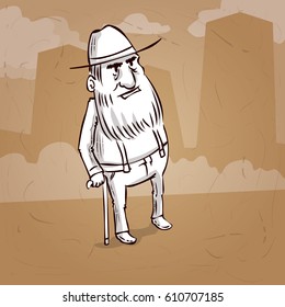 Old man character. An elderly man with a walking cane. Hand drawn cartoon vector illustration.