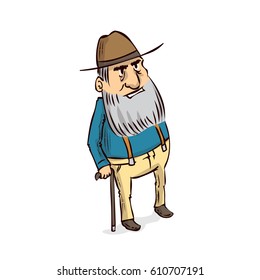 Old man character. An elderly man with a walking cane. Hand drawn cartoon vector illustration.
