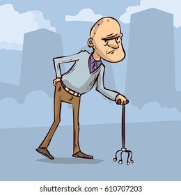 Old man character. An elderly man with a walking cane. Hand drawn cartoon vector illustration.
