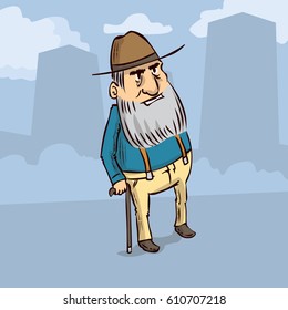 Old man character. An elderly man with a walking cane. Hand drawn cartoon vector illustration.