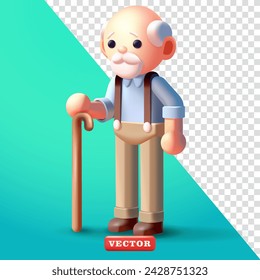 Old man character holding a cane, 3d vector. Suitable for health , grandfather's day and design elements