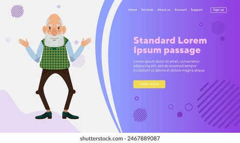 Old man character with open hands flat vector illustration. Senior man with beard greeting someone. Retirement, gesturing concept for banner, website design or landing page