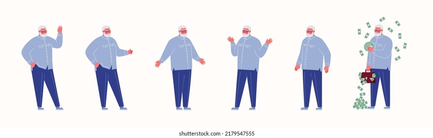 Old man character set. Lonely active pensioner, gray-haired with glasses and beard. In full growth, gestures, emotions, postures, situations, scenes. Flat vector illustration isolated white background