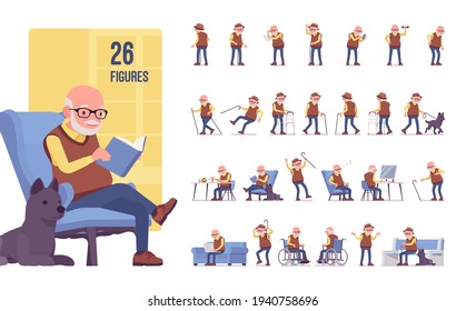Old man character set, pose sequences. Senior citizen, retired grandfather wearing glasses, old age pensioner, lonely grandpa. Full length, different views, gestures, emotions, positions - Shutterstock ID 1940758696
