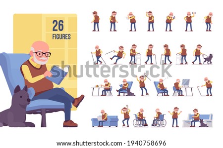 Old man character set, pose sequences. Senior citizen, retired grandfather wearing glasses, old age pensioner, lonely grandpa. Full length, different views, gestures, emotions, positions