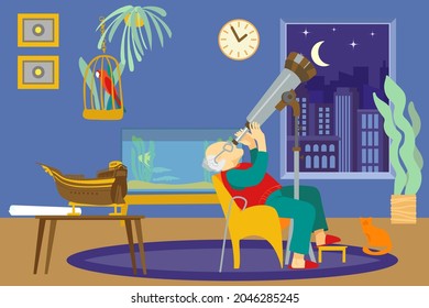 Personaje viejo sentado cómodo reloj de silla al telescopio espacial, hobby macho viejo observatorio cielo plano de ilustración vectorial.