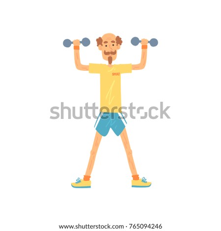 Old man character standing with feet hip-distance apart and raising arms with dumbbells. Elderly male in t-shirt and shorts. Physical activity. Flat vector