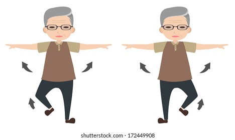 Old man character stretching arm and lifting foot