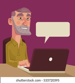 Old man character talking on network. Vector flat cartoon illustration