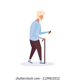 old man character using smartphone elderly grandfather walking isolated full length flat cartoon vector illustration