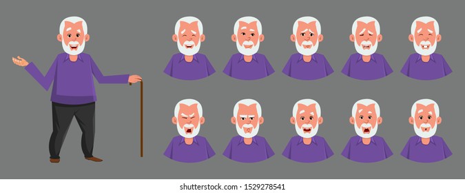 Old man character with various emotion or expression. different emotion or expression set for custom character design, motion or animation.
