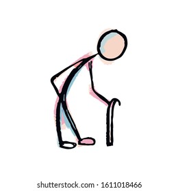 Old man character walking with cane. Elderly man in flat design. 