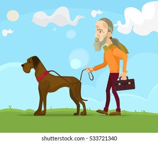 Old man character walking with dog. Vector flat cartoon illustration