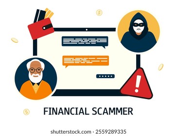 Old man chats with man in mask. Financial scammer. Concept of cyber crime, data hacking, theft. Vector flat illustration isolated on white background.